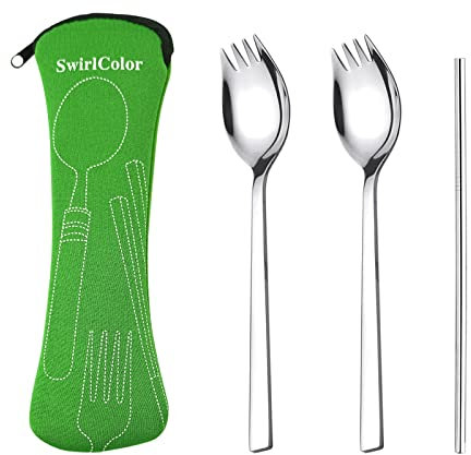 Ensemble Sporks Portables en Acier Inoxydable, 2 Cuillères à Salade Créatives avec Paille 2 en 1 Fourchette et Cuillère pour Gâteau de Pâtes
