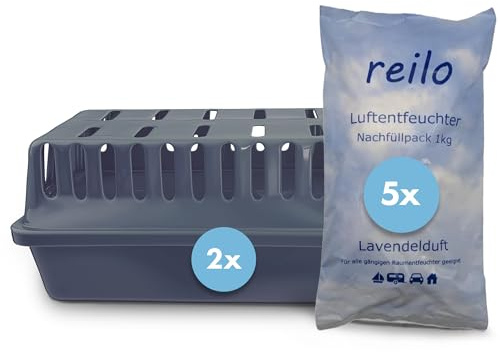 reilo Luftentfeuchter Set, 2x XXL Box + 5x 1kg Lavendelduft Granulat | Komplettset gegen Feuchtigkeit & Schimmel, Granulat mit Lavendelduft – stromlos, für Keller, Auto, Wohnmobil & Boot