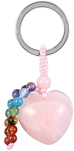 KYEYGWO Rosenquarz Kristall Herz Schlüsselanhänger für Unisex, 7 Chakra Stein Schlüsselring Deko Herzform Edelstein Taschenanhänger Leibe Anhänger für Schlüsselband Schlüsselbund Schlüsselkette