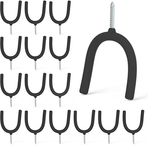 HUHOLE Screw in U Hook, Black, 16PC, Shovel Holder Wall Mount, U Hooks for Hanging Garden Tools