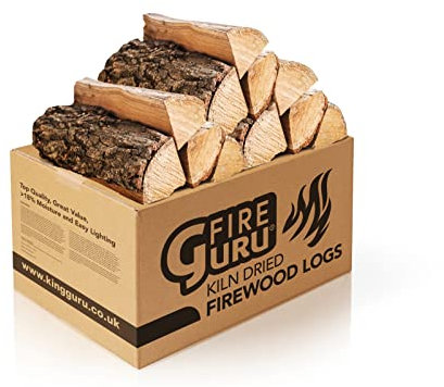 Fire Guru Logs for Fire Pit, 20kg Boxed Firewood Kiln Dried Hardwood Under 20% Moisture. Ideal For Pizza Ovens, Chiminea, BBQ Wood Burner. 25cm Ready To Burn Fire Logs (Ash)