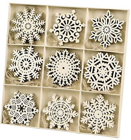 Sggvecsy Unlackierte Holz-Schneeflocken-Ornamente, 36 Stück Weihnachtsbaum-Hängedekoration, Holzausschnitte, DIY-Handwerk, Schneeflocken-Form, Weihnachten, rustikales Handwerk mit Schnur (10.2 cm)