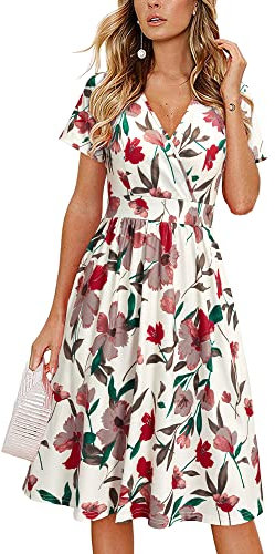VOTEPRETTY Sommerkleid Damen Knielang Kleid Sommer V Ausschnitt Wickelkleid Kurzarm Midikleid mit Taschen