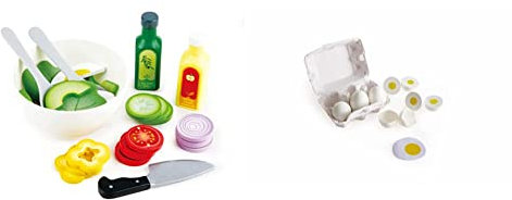 Hape Salat-Set Gartensalat-Set & Eierkarton 3 hartgekochte Eier mit leicht ablösbarer Schale & 3 Spiegeleier, Realistisches Lernspielzeug für Kinder ab DREI Jahren aus Holz
