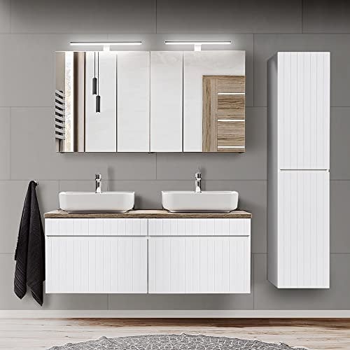 Lomadox Badmöbel Komplett Set in weiß matt mit Vintage Eiche Nb. Doppel Waschtisch mit 2 Keramik Aufsatzwaschbecken, 2 LED-Spiegelschränke und Hochschrank, B/H/T: ca. 175/200/46 cm