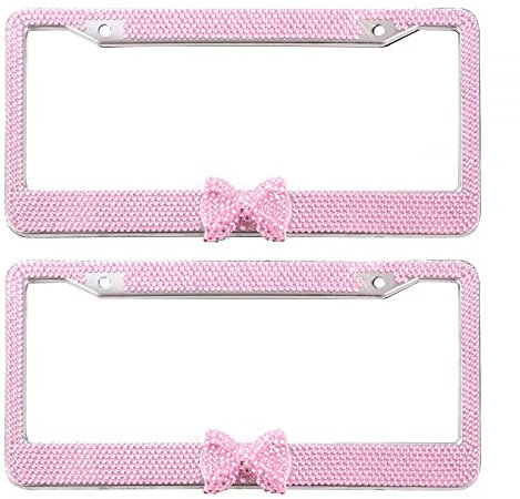 2 STÜCKE Kennzeichenhalter,Strass Edelstahl Nummernschildrahmen Glitzernder Rostfrei Nummernschildhalter mit Strasssteinen Schleife für Universalfahrzeuge SUV LKW
