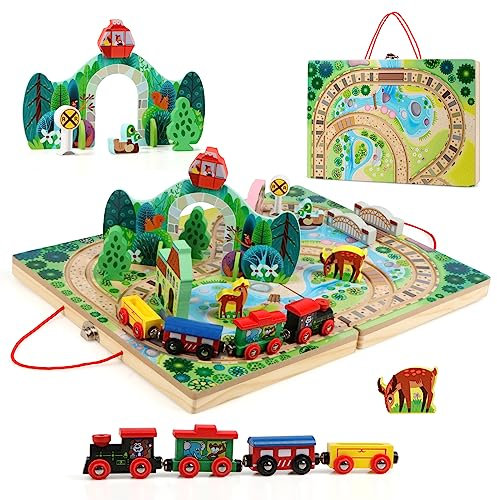 Jacootoys Holz 18 PCS Zug Track Set für Kinder, Eisenbahn,4 Züge, Spiel Stücke, Brücke für Alter 3+ Mädchen Jungen Geschenke