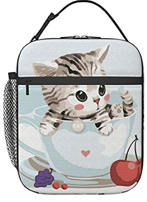 Linda lonchera de gatito en taza para mujeres y hombres, bolsa de almuerzo térmica, bolsa de refrigeración para trabajo, escuela, viajes, color 1