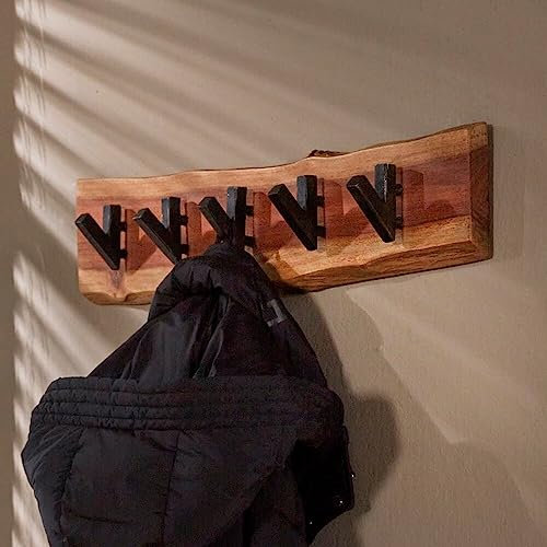 RINGO-Living Wandgarderobe 60cm - Vintage Kleidergarderobe aus massiven Natur Holz - Rustikales Wandregal für den Flur - Schmale Kleider Garderobe mit 5 Haken für deine Jacken Mäntel & Schals