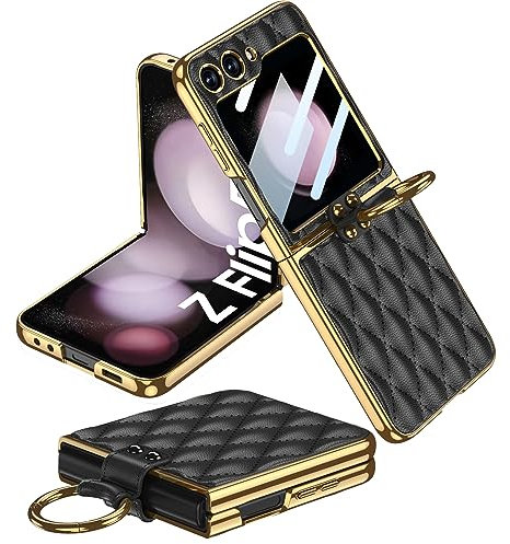 Miimall Lederhülle Kompatibel mit Samsung Galaxy Z Flip 5 Hülle mit Kameraschutz+Ring Ständer Galvanisierter Rahmen Stoßfest Handyhülle für Galaxy Z Flip 5-Schwarz