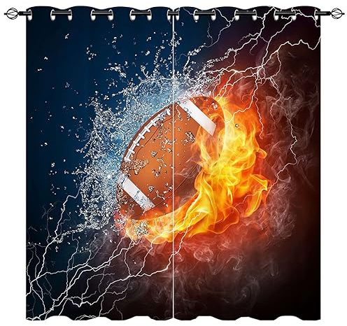 YUANZU Fußball Vorhänge American Football Ball in Feuer und Wasser Ösen Gardinen mit Blickdichte Vorhang Blackout Curtain Kinderzimmer Schlafzimmer Verdunkelung Fenster, 2 Stück, H 213 x B 200 cm