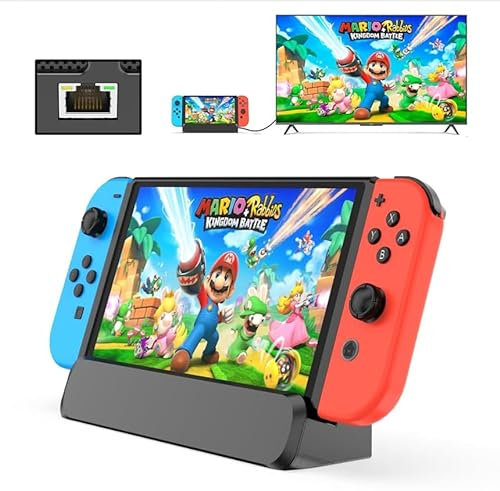 GKEAPZA Switch Dock per Switch Adattatore OLED TV Switch Docking Station con HDMI 1000 Mbit RJ45 Ethernet LAN 3 USB 2.0 Porta Tipo C Ricarica Connettori USB C Base di viaggio Supporto portatile