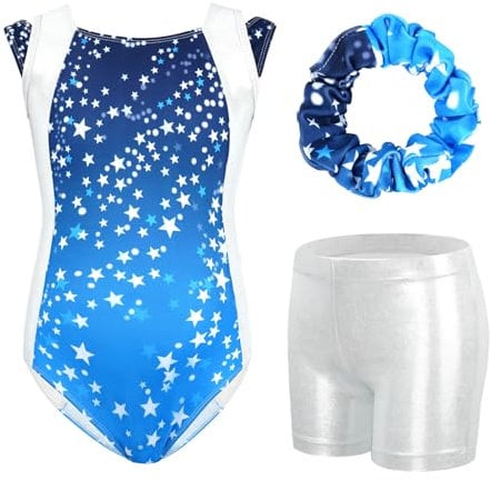 Gogokids - Set da ginnastica in 3 pezzi, con scollo a Y, senza maniche, con pantaloncini e fascia, con motivo a blocchi di colore blu e viola, 3-12 anni, 120(110-120 cm,6-7Y)