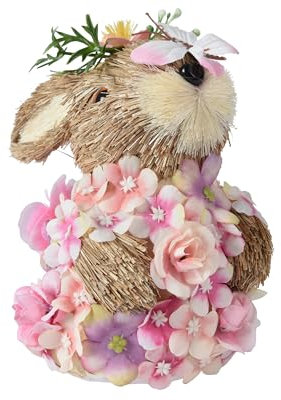 Figura decorativa de conejo de paja de 15 cm con flores – Conejo decorativo para Pascua Primavera – Conejo de Pascua como decoración de Pascua, regalo de Pascua, decoración de mesa – marrón natural