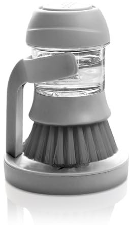 Multifunctional Pressing Cleaning Brush 2 in 1 Pressing Cleaning Brush with Storage Base Automatic Liquid Adding Washing Up Brushes for Kitchen(Grey)