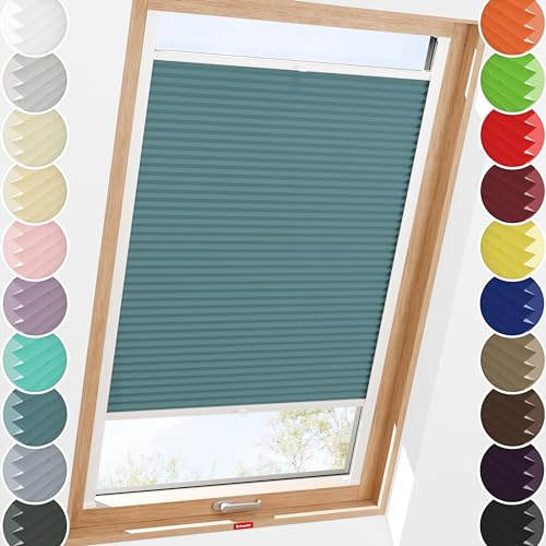 Schuette® Dachfenster Plissee mit Bohren zum Anschrauben ● Thermo Kollektion: Teal Aura (Blau) ● 60-69 x 80-99cm (Breite x Höhe) ● Suprafix Faltrollo Befestigung ● Bequeme Rollo