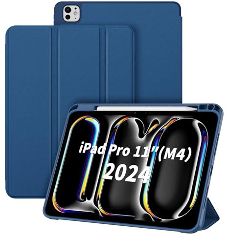 CACOE Coque pour iPad Pro 11 Pouces 2024 M4 avec Porte Stylo - Coque Arrière Flexible en TPU pour iPad Pro 11 Pouces 5ème Génération avec Fonction Support, Bleu Marine