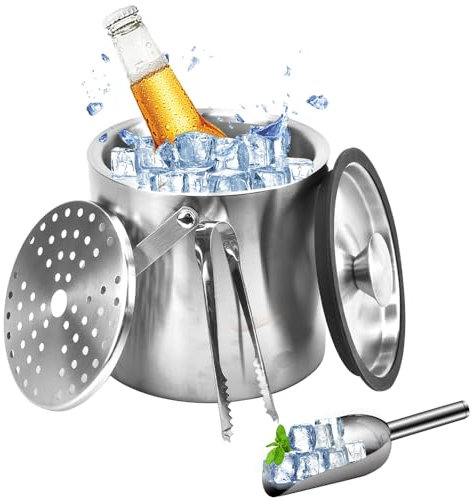 SLTAXAR 3L/101OZ Eiskübel Edelstahl Eiseimer Champagner Kühler Eiskühler Sekt Eiswürfelkühler Doppelwandig Eisbehälter Isolier Eiswürfelbehälter Wein Bier Eiskübel mit Deckel Sieb Eiswürfelform