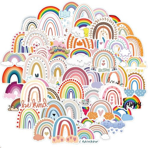 Aozuo 60 Stück Regenbogen Aufkleber,Scrapbook Stickers,Wasserdichte Vinyl Bunte Dekorationsaufkleber Boho Ästhetik für Wasserflaschen Skateboards Laptops Gitarren Tassen Gepäck Telefone Kinder