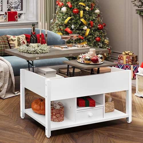 YITAHOME Couchtisch mit Anhebbarer Platte und Schubladen, 4-in-1-Multifunktions-Couchtisch mit Stauraum, Couchtisch lässt Sich in einen Esstisch für das Wohnzimmer umwandeln, Weiß&Grau