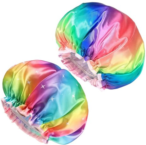 MUNSKT 2PCS Large Shower Cap for Long Hair, 32CM Colorful Hair Caps for Girls and Women, Reusable Elastic Bath Caps for Girls Spa Home Use