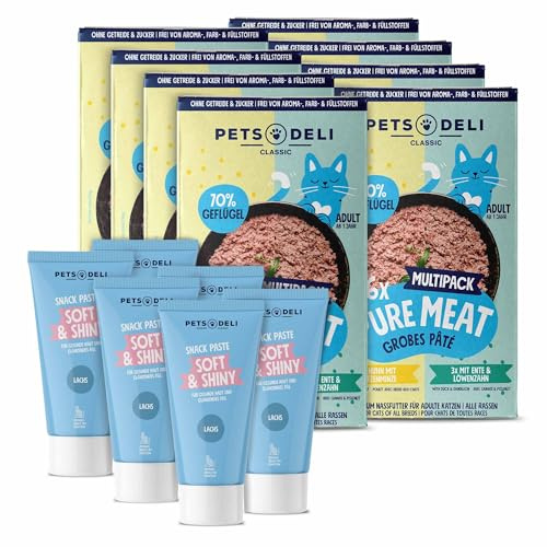Pets Deli Bundle für Katzen Pure Meat Nassfutter & Fell-Snack, 960g | Pure Meat Nassfutter Multipack und Soft & Shiny Snack Paste für Haut & Fell, getreidefrei, ohne Zucker, Premium Qualität