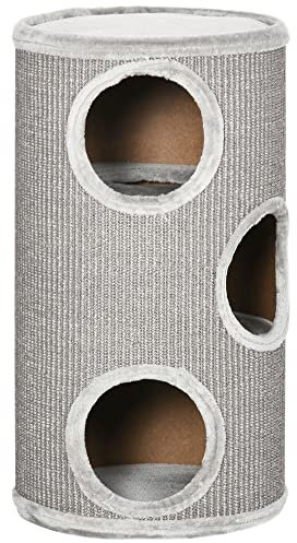 PawHut Barril Rascador para Gatos de 3 Niveles Torre Rascador para Gatos con 3 Entradas y Cubierta de Sisal Ø38x70 cm Gris Claro
