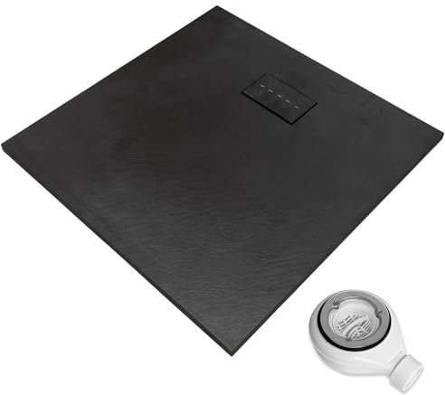 Thermopanel SMC Black Shower Trays Base Slate Stone Effect Textured Non Slip with Waste and SMC Holes Cover - 1200 x 800mm