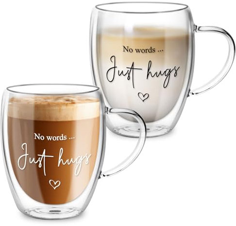 Buumin 2x350ml Double Walled Glass Coffee Cups and Mugs with Handle, Cappuccino Latte Macchiato Glasses Cups, Heat Resistant, Dishwasher Safe