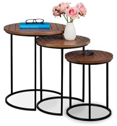 Relaxdays Satztisch, 3er Set, Mangoholz, Eisen, runder Beistelltisch, Wohnzimmer, Flur, Deko, Couchtisch, braun/schwarz