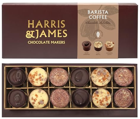 Harris & James Barista Collection 12 Piece Chocolate Selection Box. Handmade Luxury Coffee Chocolates From Bean To Bar. Dark Espresso, Flat White & Caramel Latte Milk & Dark Mixed Selection Box (180g)