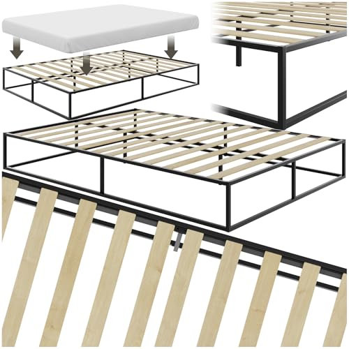 tectake® Bett 140x200 cm, Metall Bett mit Lattenrost, Bettrahmen mit Stauraum, großes Bettgestell ohne Kopfteil, als Ehebett, Einzelbett, Jugendbett, Gästebett, für Schlafzimmer - 140 x 200 x 25,5 cm