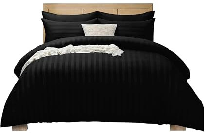 APEX FURNISHINGS Satin Stripes Double Duvet Cover Set Reversible Soft Breathable Microfiber Bedding with 2 Pillowcases, Double Bed Set (Black)