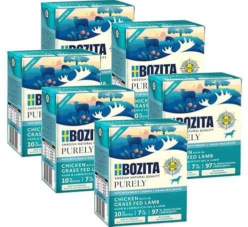 Bozita Purely 6 x 370g Huhn & Lamm im Tetra | Getreidefreies Nassfutter für Hunde | Sehr Hoher Fleischanteil | mit Fleischstückchen | ohne Zucker & ohne künstliche Farbstoffe