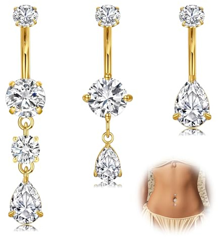 WillTen 3Pcs Bauchnabelpiercing Gold Silber Chirurgenstahl, 14G 10mm Dangly Nabel Ringe Bauchnabel Piercing für Frauen, Klare CZ Teardrop Herz Baumelnden Bauch Knopf Schmuck
