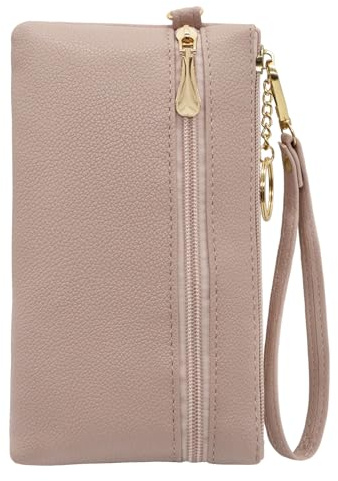 LJCZKA Leather Wristlet Wallet for Women Men Clutch Handbags Purses Large Capacity Cellphone Credit Card Holder Pocket Bag with Wrist Strap, Keychain (Nude)