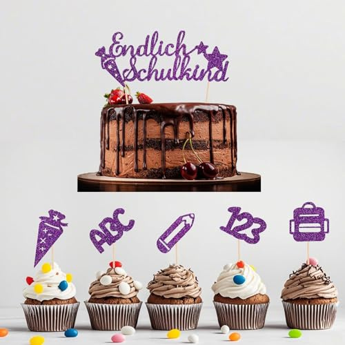 Tortendeko Einschulung 2025, 11er Set Cake Topper Endlich Schulkind, ABC 123, Zuckertüten - Mädchen & Junge - Ideal für Schulanfang & Geschenke-School Cake Decoration Set (Lila)