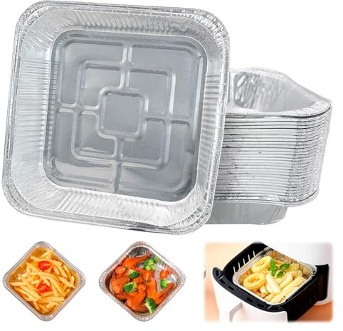 YHSKJCD 30 Pack Air Fryer Aluminum Foil Trays, 8 Inch Square Air Fryer Foil Liners, Air Fryer Accessories for Baking, Cooking, Roasting, Storing
