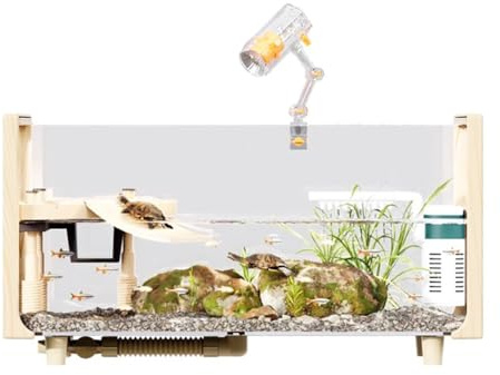 PA-DABAOO Aquarium Multifonction avec Filtre, Éclairage Et Plateforme pour Se Prélasser, Aquarium pour Tortues, Aquarium en Verre Transparent Effet Bois,XL