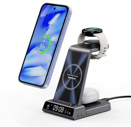 SwanScout Wireless Charger Stand for Google Pixel Watch 3/2/Fitbit Versa 4/3 (Not for Pixel Watch 4/1), 3 in 1 Charging Station for Pixel 10a/10 Pro/10 Pro XL/10/9/9a/8a/8/7/6/5/4/Buds, No Adapter