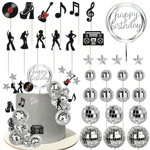 Xsstarmi Disco Party Cake Decorations with Disco Ball Cake Topper Decorations for Dancing Queen Birthday 70's Party DIY Cake Decorations Supplies
