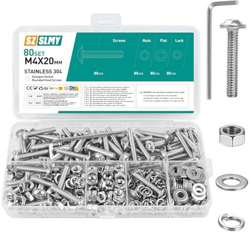 Juego de 80 tornillos M4, tornillos de cabeza alomada M4 x 20 mm, acero inoxidable, tornillos de brida, tornillos de cabeza plana con brida, rosca completa para máquina, juego de tornillos roscados