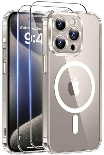 Qasyfanc für iPhone 15 Pro Hülle mit Panzer Schutz Glas Folie Kompatibel mit MagSafe, Hard PC Stoßfest Anti-Kratzer [Anti-Vergilbung] Rückseite Magnetisch Handyhülle -Durchsichtig