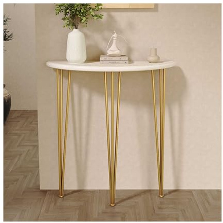 HBOOMOEM Table Console Demi-Lune en Bois，Console Ronde Moderne Demi-Lune，Doté De Pieds De Support Triangulaires en Fer, Il Convient Aux EntréEs Et Aux Couloirs.(White-Gold,60 * 25 * 80CM)