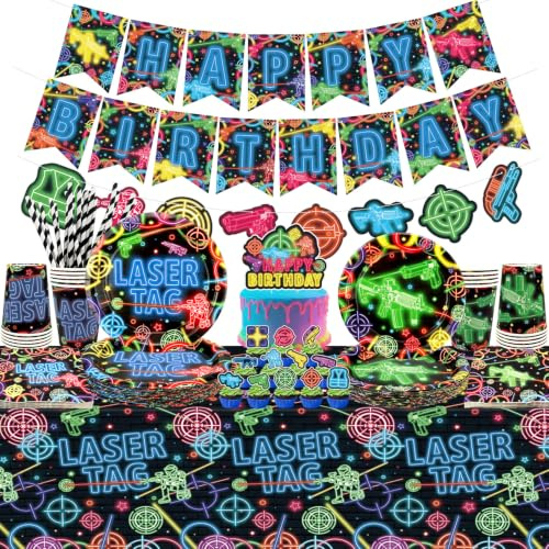 Laser Tag Party Decorations, Laser Tag Party Supplies, Plates Cups Napkins Tablecloth Neon Glow theme Banner Balloon Cake Toppers for Shooting Game Neon Glow Party Supplies, Serves 20