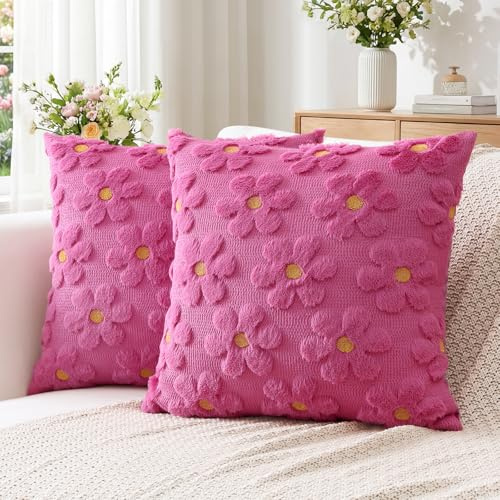 Artscope 2er Set Wolle Blumen Kissenbezüge Weicher Plüsch Kurzer Wollsamt Dekokissenbezüge Frühjahr Sommer Kissenhülle Saisonale Sofakissen für Sofa Schlafzimmer Rosa Rot, 50x50cm