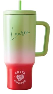 Costa Coffee Personalised Insulated Tumbler with Straw and Handle, Strawberry Red to Matcha Green Gradient, 34oz, Limited Edition