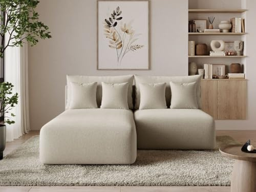 GRAINGOLD Ronni L Ecksofa mit Schlaffunktion und Bettfunktion, 206x190 cm, L-Form Sofa, Schlafcouch für Wohnzimmer, Bouclé-Stoff, 3-Sitzer Eckcouch, Ecksofa mit Stauraum (Beige, Links)