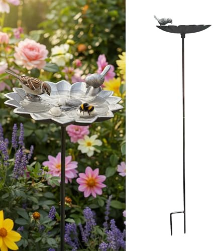 Abbeveratoio per Uccelli Relaxdays, 93x19,5x17 cm, ghisa, da piantare, Ciotola Acqua/Cibo, a Forma di Fiore, Marrone