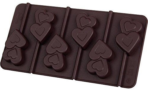 Dr. Oetker Silikon-Schokoladenform Lolli-Herzen 2er Set inkl. 12 Sticks, (Farbe: Braun) - spülmaschinengeeignet, Menge: 1 x 2er Set